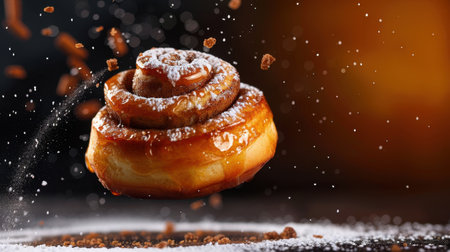 This captivating image features a cinnamon roll levitating in mid-air, surrounded by a sprinkle of sugar and caramel drizzle, showcasing its delightful texture and sweetness.の素材