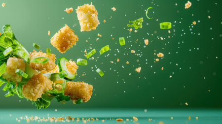Delicious crispy battered cubes mix with fresh greens and floating ingredients against a vibrant backdrop, showcasing a dynamic scene perfect for culinary inspiration.の素材