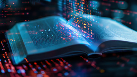 An open book surrounded by vibrant digital data streams, illustrating the blend of traditional literature and modern technology for innovative learning experiences.の素材