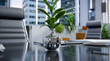 A modern office conference room featuring a stylish glass vase with a green plant as a centerpiece on a reflective table surface. The design promotes a fresh and professional atmosphere.の素材