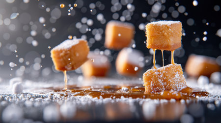 Sugar cubes float in a rich syrup, creating an enticing scene filled with sweet powder. The captivating visual invites viewers into a world of delicious dessert creativity.の素材