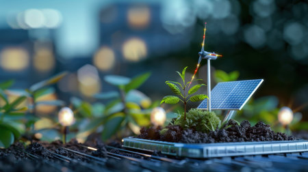 A miniature model featuring a solar panel and wind turbine surrounded by young plants symbolizes eco-friendly energy solutions in an urban nighttime setting.の素材