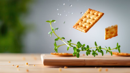 A captivating image of crackers floating above a sprig of fresh herb on a wooden board, highlighting the perfect blend of nature and snack appeal in a soft, blurred background.の素材
