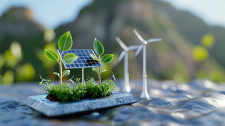 A miniature setup featuring a solar panel and wind turbine among greenery, symbolizing sustainable energy and environmental conservation in a serene landscape.の素材
