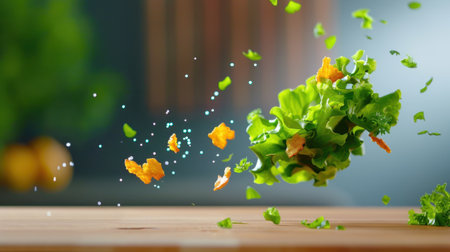 A dynamic representation of fresh ingredients capturing vibrant lettuce and carrot pieces frozen in motion, showcasing the beauty of healthy cooking and colorful nutrition.の素材
