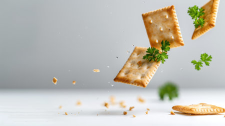 A dynamic image showcasing crispy crackers sprinkled with herbs, capturing the essence of tasty snacks. Perfect for food blogs and culinary showcases.の素材