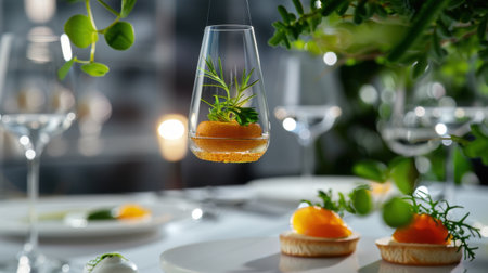 Captivating scene of elegantly arranged gourmet dishes featuring fresh ingredients and herbs, creating a modern and inviting dining experience full of flavor and sophisticated style.の素材