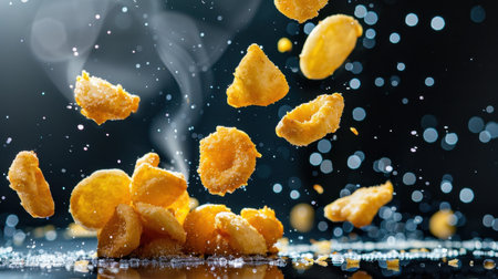 A captivating image of crispy golden snack bites suspended in air, surrounded by sugar dust and a dreamy bokeh background, evoking a sense of indulgence and deliciousness.の素材