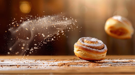 A delightful pastry rolls through the air, dusted with powdered sugar and cinnamon, creating a captivating motion scene on a wooden surface warmed by soft light.の素材