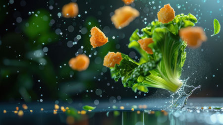 A vibrant scene showcasing fresh lettuce with crispy snacks falling through the air, creating a refreshing and appetizing visual surrounded by soft water droplets. Perfect for food lovers.の素材