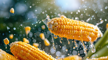 This vibrant image showcases fresh sweet corn on the cob, beautifully captured with water splashing around it, symbolizing freshness and summer. Ideal for food-related projects.の素材
