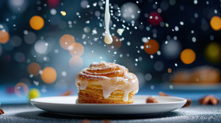 A beautifully plated cinnamon roll topped with a glossy glaze, set against a vibrant background of colorful bokeh lights, creating a festive and inviting atmosphere.の素材