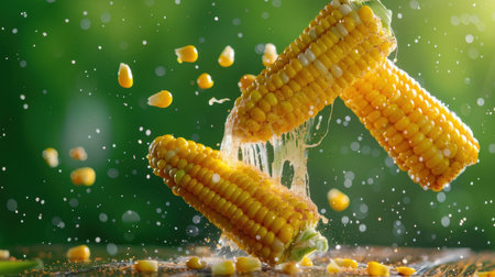 Experience the vibrant and fresh essence of summer with this dynamic image of corn splashing in droplets, celebrating the beauty of nature and healthy eating.の素材