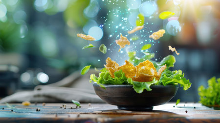 A vibrant salad scene featuring crispy ingredients and fresh herbs engaging in a playful sprinkle above a wooden bowl, inviting healthy eating and culinary creativity.の素材