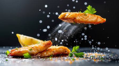 Captivating image of fried fish fillets garnished with lemon and parsley. The visual showcases an exploding burst of seasoning, highlighting culinary artistry and delicious textures.の素材