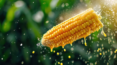 A vibrant fresh corn cob splashes droplets of water, set against a blurred green background, showcasing the essence of healthy and delicious food. Perfect for culinary themes.の素材