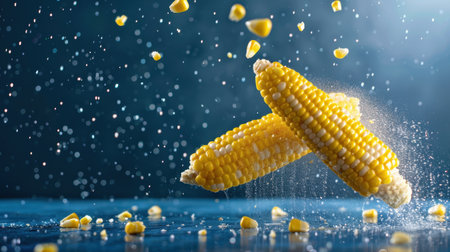 Vibrant shot of corn on the cob surrounded by flying kernels and water droplets on a blue background, perfect for food and agriculture themes.の素材