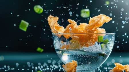A vibrant image of crispy snack chips splashing in water, surrounded by air bubbles and green onion, capturing a dynamic culinary moment perfect for food enthusiasts.の素材