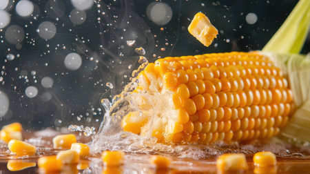 A vibrant ear of corn splashes into clear water, creating delightful droplets and emphasizing freshness. Perfect for culinary, healthy eating, or agricultural themes.の素材