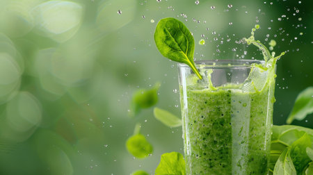 Refreshing green smoothie with a splash of spinach leaves, showcasing a vibrant blend against a soft green backdrop, perfect for promoting health and wellness themes.の素材