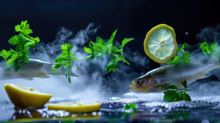 Artistic presentation of fresh fish with lemon and parsley on dark surface, featuring steam for depth, ideal for culinary and food photography. A vibrant and healthy cooking concept.の素材