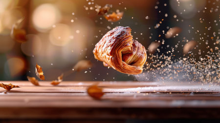 A captivating floating croissant above a rustic wooden surface, beautifully surrounded by autumn leaves and flour, creating a warm and inviting atmosphere perfect for food photography.の素材