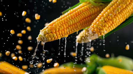 Vibrant corn cob with yellow kernels and water droplets is showcased against a black background, perfect for themes of healthy eating and cooking inspiration.の素材