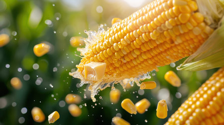 A close-up view of fresh corn on the cob with water splashes and natural light, highlighting the vibrant yellow color and juicy kernels, perfect for summer recipes and healthy eating.の素材