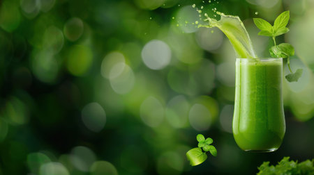 A refreshing green smoothie splashes from a clear glass, showcasing vibrant colors and fresh ingredients, perfect for promoting health, wellness, and delicious nutrition.の素材