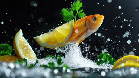 A lively goldfish leaps from a splash of water, surrounded by lemon slices and fresh herbs, capturing a vibrant and artistic moment perfect for food and nature themes.の素材