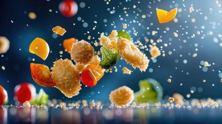 A vibrant assortment of fresh vegetables and crispy snacks appear as though they are mid-explosion, creating a visually stunning food photography moment against a blurred blue backdrop.の素材