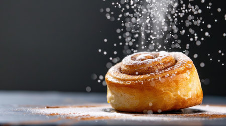 A close-up view of a cinnamon roll being dusted with powdered sugar, highlighting its sweet and fluffy texture, creating an inviting and warm food scene perfect for any dessert lover.の素材