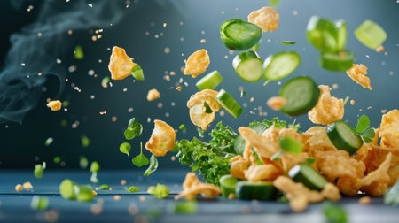 A lively composition showcasing fresh and crunchy snack ingredients suspended in motion, featuring green vegetables, crispy elements, and vibrant details against a blue background.の素材