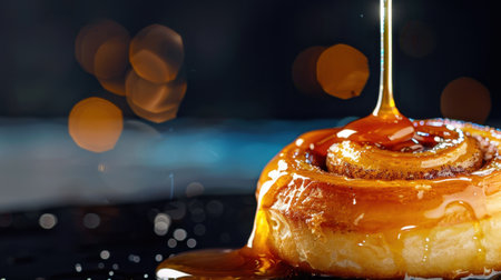 A decadent cinnamon roll with a rich caramel drizzle, perfect for food lovers. The glossy finish and beautiful bokeh create an inviting, appetizing gourmet scene.の素材