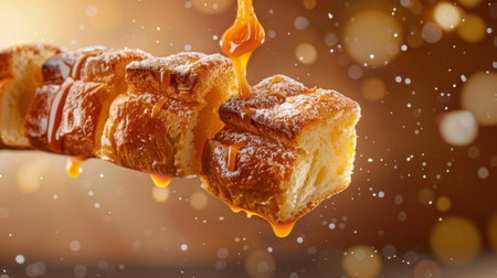A beautifully styled image of sweet croissants drenched in golden honey, set against a sparkling warm background, perfect for food lovers and culinary enthusiasts.の素材
