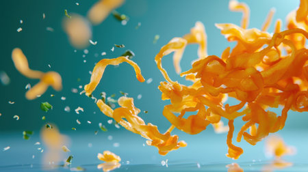 A dynamic image of orange carrot shavings floating mid-air against a blue backdrop, enhanced with sea salt and fresh herbs, showcasing culinary creativity and vibrant colors.の素材