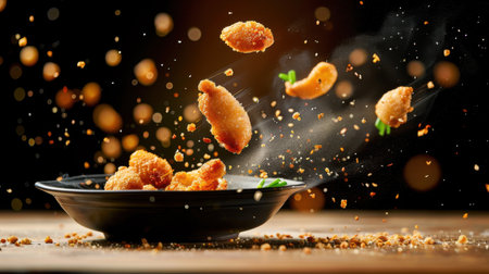 A breathtaking shot of crispy fried chicken pieces soaring from a black bowl, surrounded by flavorful seasoning, creating an enticing and vibrant culinary experience.の素材