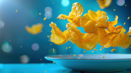 A dynamic shot of crispy potato chips flying off a white plate against a vivid blue background, creating a playful and appetizing scene perfect for food-related projects.の素材