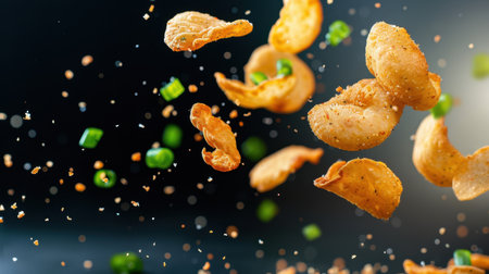 A dynamic shot capturing crispy snacks in motion, surrounded by vibrant green onion bits and seasoning, perfect for food lovers and culinary presentations.の素材
