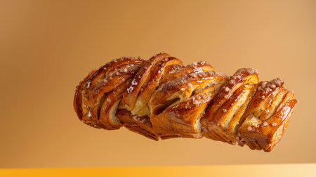 This image showcases a beautifully twisted pastry with a golden glaze and sugar, set against a warm gradient background, perfect for enticing food-related visuals.の素材