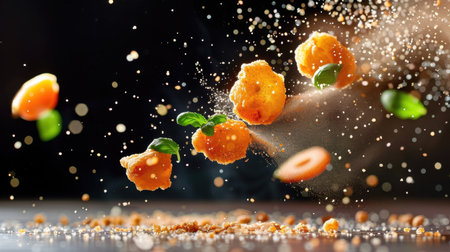 A captivating image showcasing crispy fried bites in midair, surrounded by fresh herbs and spices, highlighting the art of culinary presentation and flavor explosion.の素材