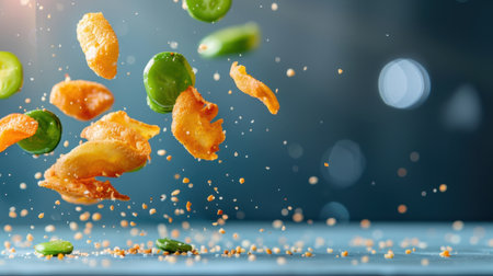 A mesmerizing scene of crispy fried snack pieces and green chilies falling against a soft blurred background, capturing dynamic motion and culinary delight in a vibrant display.の素材