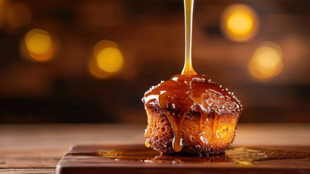 A delicious muffin sits on a wooden surface, topped with a rich honey glaze that drips down. The soft bokeh background creates a warm and inviting atmosphere perfect for food lovers.の素材