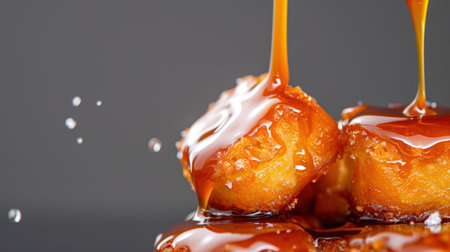 Close-up view of delicious golden brown pastry pieces topped with glossy caramel sauce, creating a tempting dessert experience perfect for food lovers and photographers alike.の素材