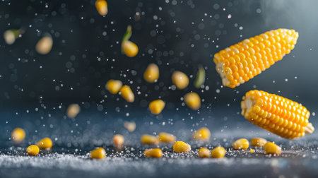 A stunning visual representation of corn kernels and cob in mid-air with sugar sprinkle effect, capturing the essence of freshness and culinary appeal in food photography.の素材