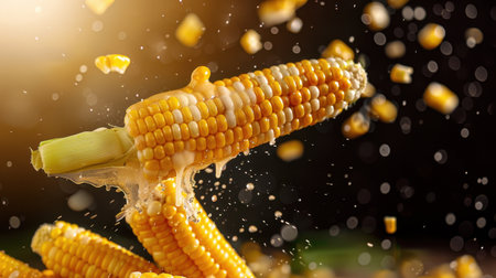 A dynamic and vibrant image of corn on the cob splattering with juicy kernels, showcasing its freshness and texture, perfect for food enthusiasts and seasonal recipes.の素材