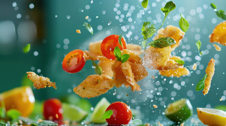 A vibrant and dynamic culinary scene featuring a splash of fried food combined with fresh cherry tomatoes, lime, and green herbs, creating a lively and appetizing display of flavors.の素材