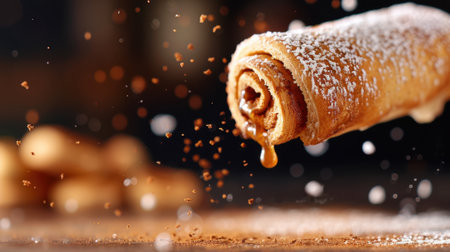 Capture the essence of indulgence with this close-up of a rolled dessert, drizzled with caramel and topped with powdered sugar, perfect for food lovers and culinary enthusiasts.の素材