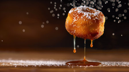 A mouthwatering fried dessert features a golden-brown exterior, dusted with powdered sugar and dripping sticky caramel, perfect for any sweet lover's delight.の素材