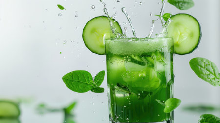 A vibrant green cocktail featuring fresh cucumber slices and mint leaves creates a refreshing look. The splash effect captures the essence of cool drinks, perfect for summer gatherings.の素材